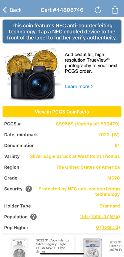 2022 (W) $1 American Silver Eagle PCGS MS70 Master Designer Thomas Cleveland Signed American Flag Black Label Mint Condition (1 of 150)