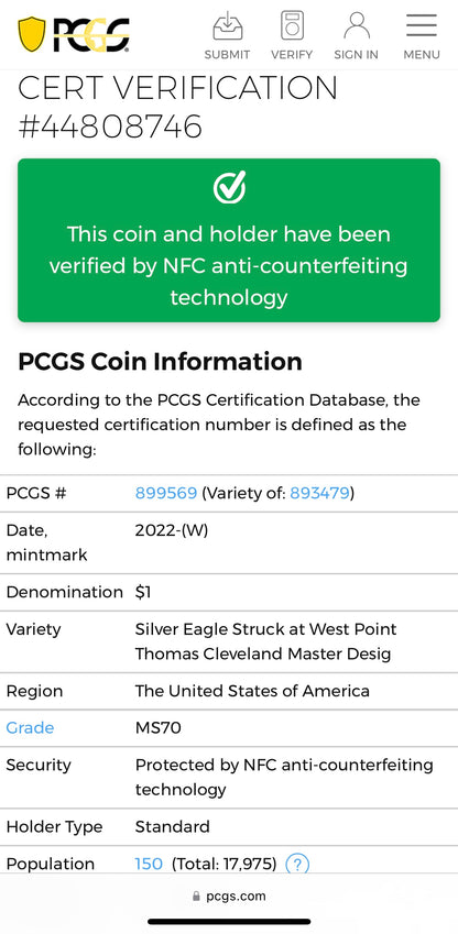 2022 (W) $1 American Silver Eagle PCGS MS70 Master Designer Thomas Cleveland Signed American Flag Black Label Mint Condition (1 of 150)