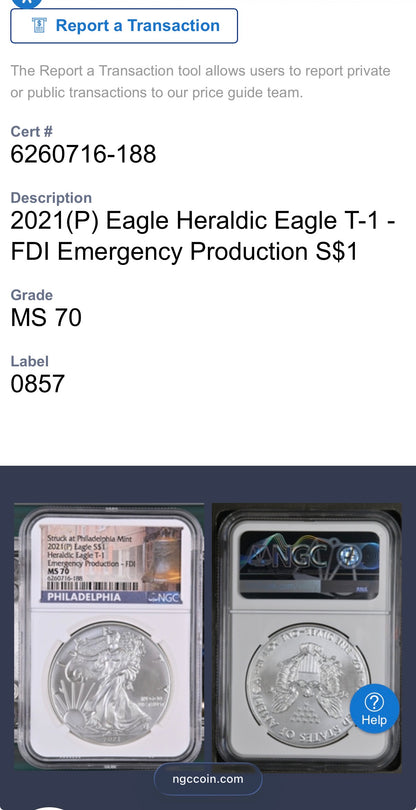 2021 (P) $1 American Silver Eagle NGC MS70 Type 1 FDOI Emergency Issue Mint Condition
