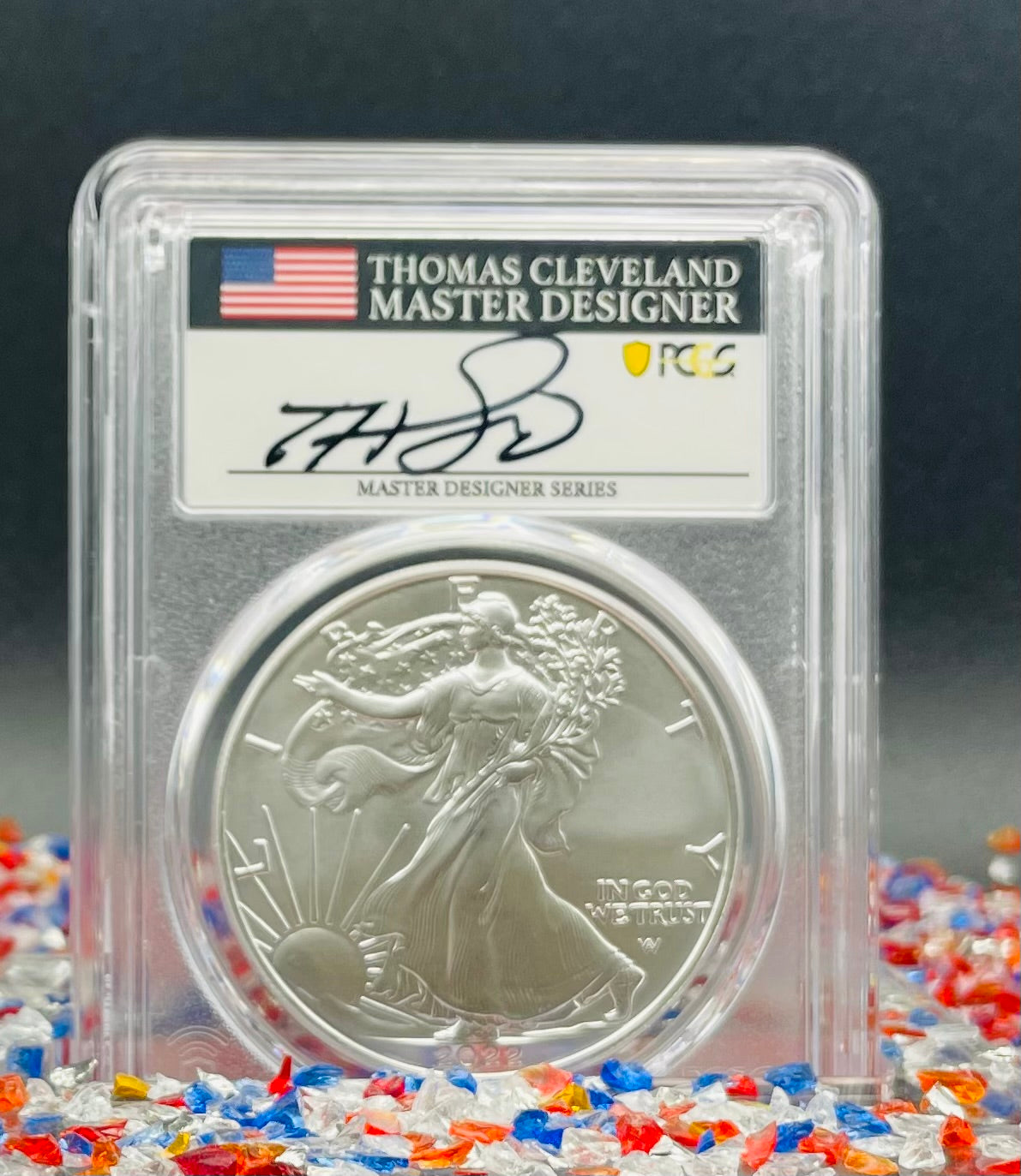 2022 (W) $1 American Silver Eagle PCGS MS70 Master Designer Thomas Cleveland Signed American Flag Black Label Mint Condition (1 of 150)