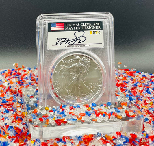 2022 (W) $1 American Silver Eagle PCGS MS70 Master Designer Thomas Cleveland Signed American Flag Black Label Mint Condition (1 of 150)