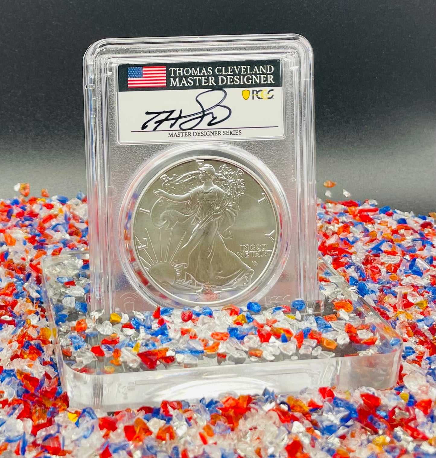 2022 (W) $1 American Silver Eagle PCGS MS70 Master Designer Thomas Cleveland Signed American Flag Black Label Mint Condition (1 of 150)