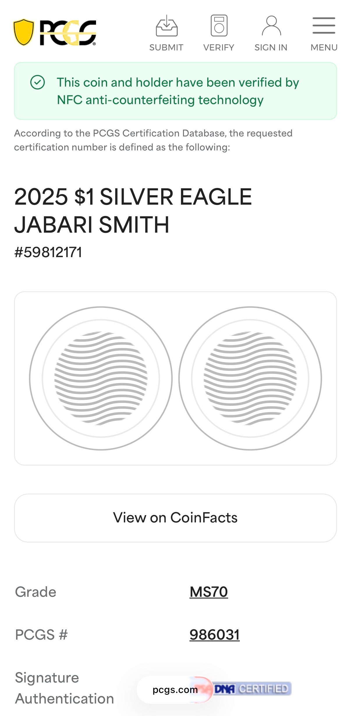 2025 $1 American Silver Eagle PCGS MS70 NBA Legend Jabari Smith Signed Label Mint Condition 1 of 50