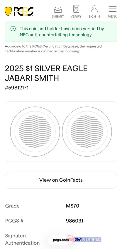2025 $1 American Silver Eagle PCGS MS70 NBA Legend Jabari Smith Signed Label Mint Condition 1 of 50