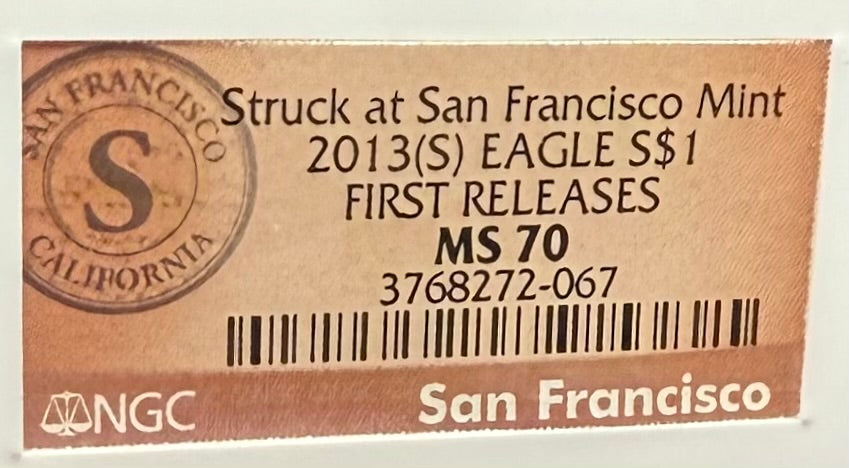 2013 San Francisco $1 American Silver Eagle NGC MS70 First Releases Orange Label Mint Condition