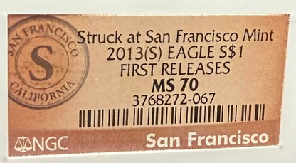 2013 San Francisco $1 American Silver Eagle NGC MS70 First Releases Orange Label Mint Condition