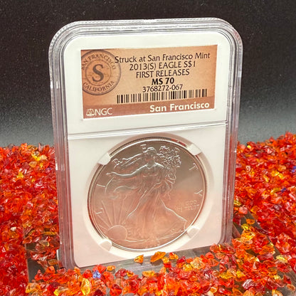 2013 San Francisco $1 American Silver Eagle NGC MS70 First Releases Orange Label Mint Condition