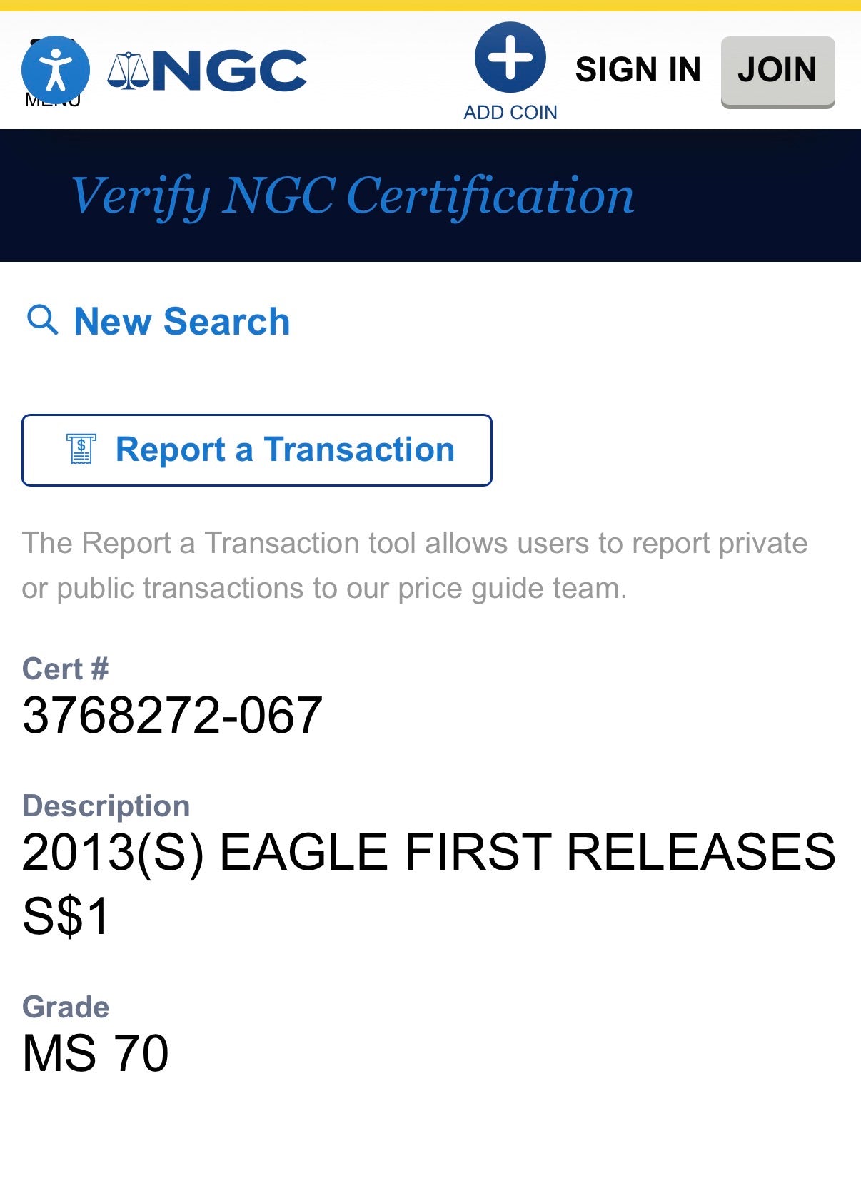 2013 San Francisco $1 American Silver Eagle NGC MS70 First Releases Orange Label Mint Condition