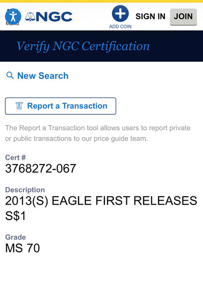 2013 San Francisco $1 American Silver Eagle NGC MS70 First Releases Orange Label Mint Condition