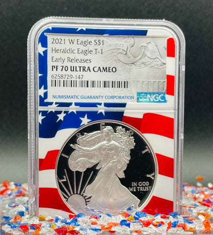Proof 2021 (W) $1 American Silver Eagle NGC PF70 Early Releases Type 1 Flag Holder Mint Condition (1 of 6,983)