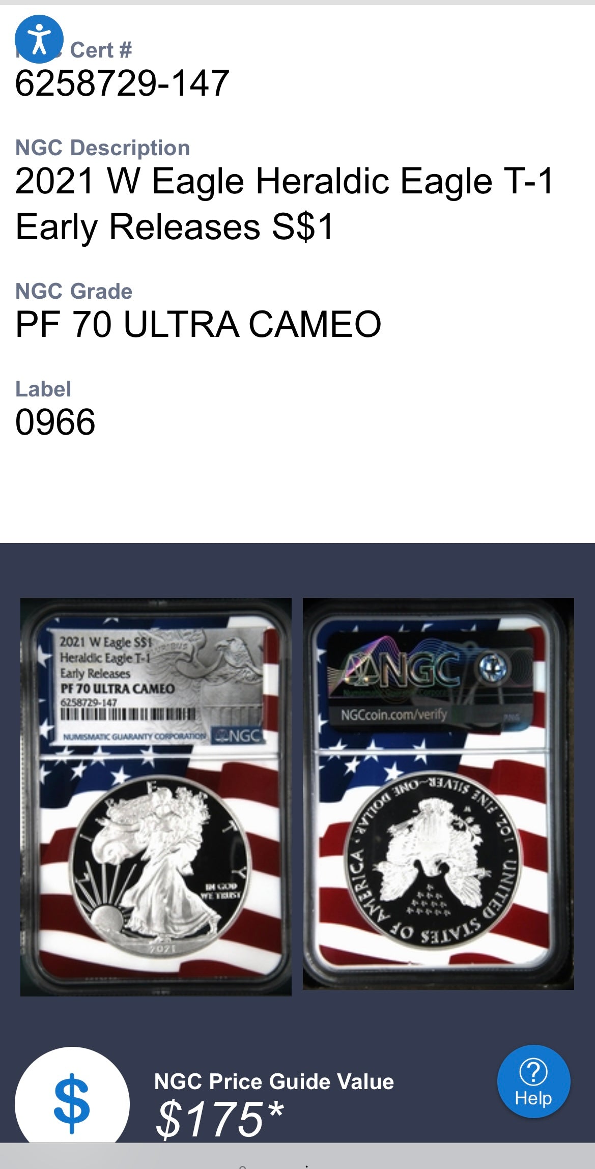 Proof 2021 (W) $1 American Silver Eagle NGC PF70 Early Releases Type 1 Flag Holder Mint Condition (1 of 6,983)