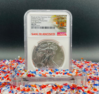 2020 (S) $1 American Silver Eagle NGC MS70 Early Releases Emergency Issue Trolley Label Rare (1 of 12,401)