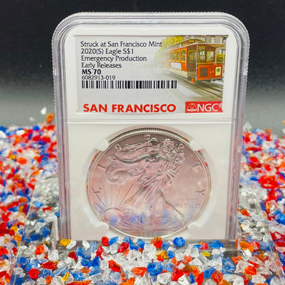 2020 (S) $1 American Silver Eagle NGC MS70 Early Releases Emergency Issue Trolley Label Rare (1 of 12,401)