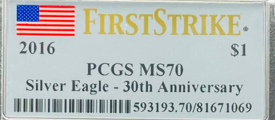 2016 $1 American Silver Eagle PCGS MS70 First Strike American Flag Label Mint Condition
