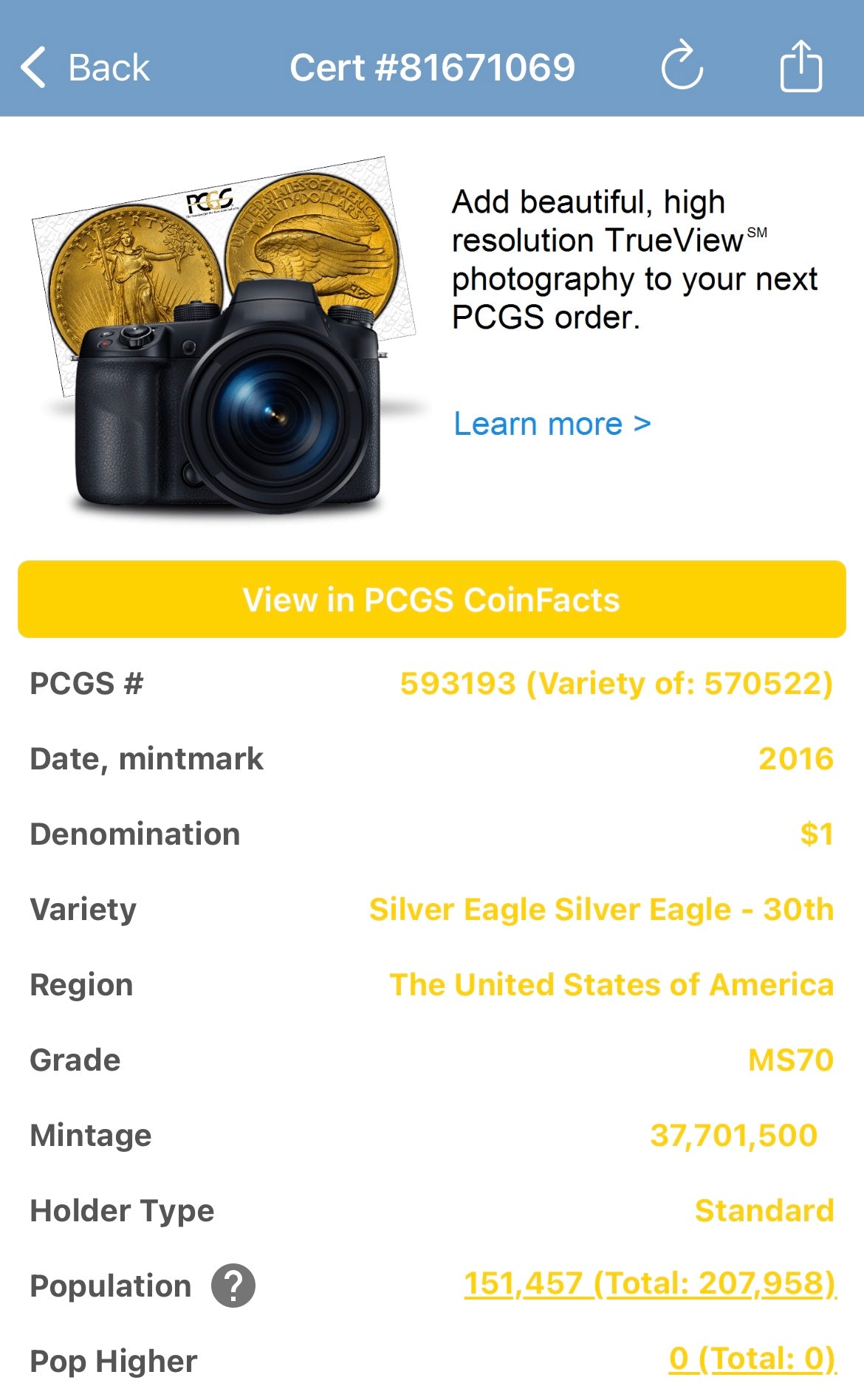 2016 $1 American Silver Eagle PCGS MS70 First Strike American Flag Label Mint Condition