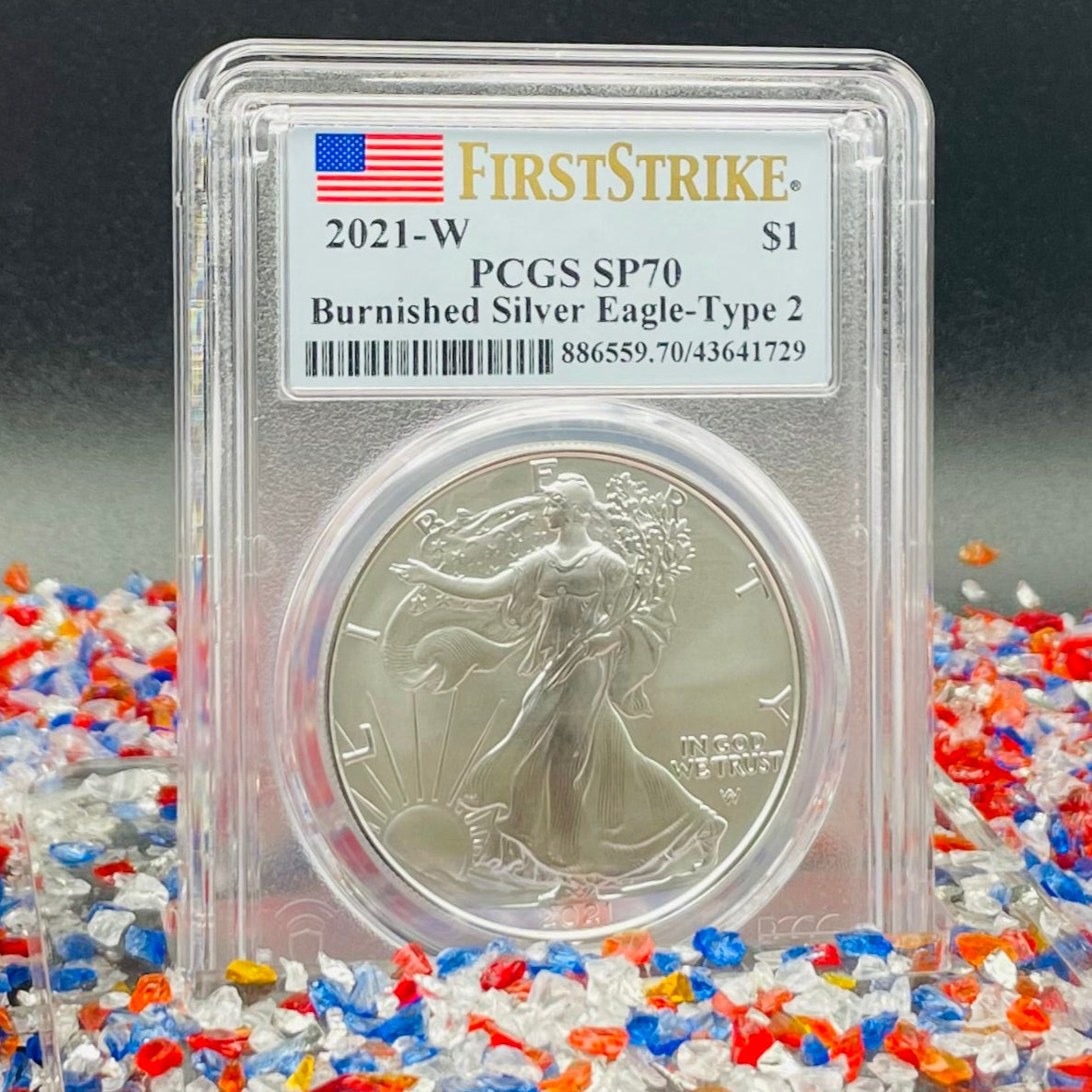 Burnished 2021 (W) $1 American Silver Eagle PCGS SP70 First Strike Type 2 American Flag Label Mint Condition (1 of 3,659)