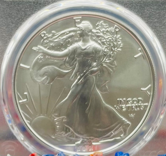 Burnished 2021 (W) $1 American Silver Eagle PCGS SP70 First Strike Type 2 American Flag Label Mint Condition (1 of 3,659)