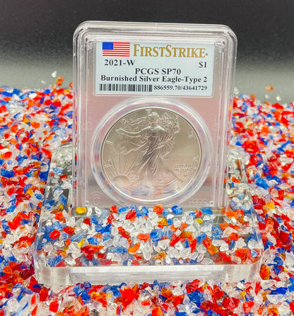 Burnished 2021 (W) $1 American Silver Eagle PCGS SP70 First Strike Type 2 American Flag Label Mint Condition (1 of 3,659)