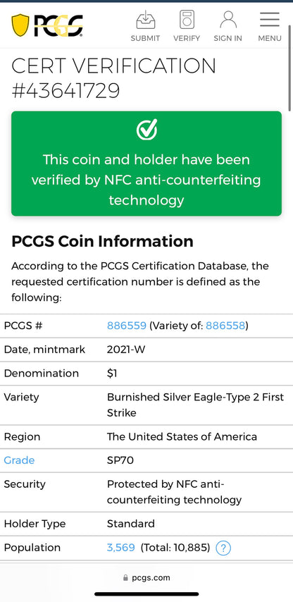 Burnished 2021 (W) $1 American Silver Eagle PCGS SP70 First Strike Type 2 American Flag Label Mint Condition (1 of 3,659)