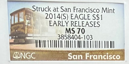 2014 San Francisco $1 American Silver Eagle NGC MS70 Early Releases Trolly Label Mint Condition