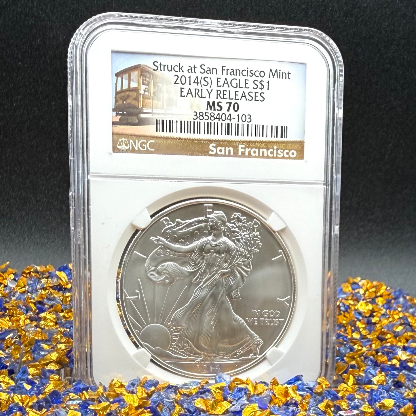 2014 San Francisco $1 American Silver Eagle NGC MS70 Early Releases Trolly Label Mint Condition
