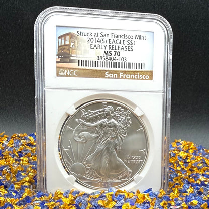 2014 San Francisco $1 American Silver Eagle NGC MS70 Early Releases Trolly Label Mint Condition
