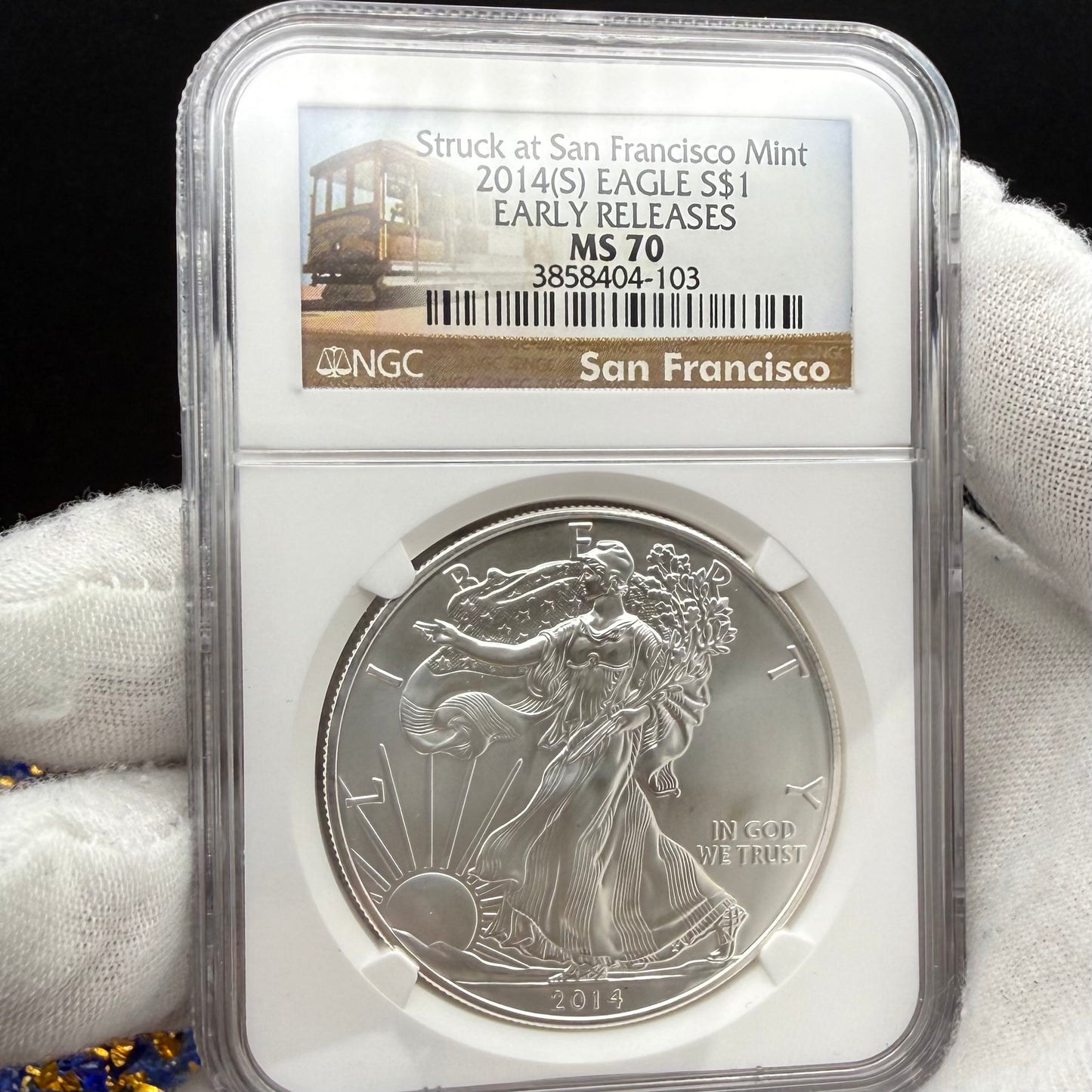 2014 San Francisco $1 American Silver Eagle NGC MS70 Early Releases Trolly Label Mint Condition