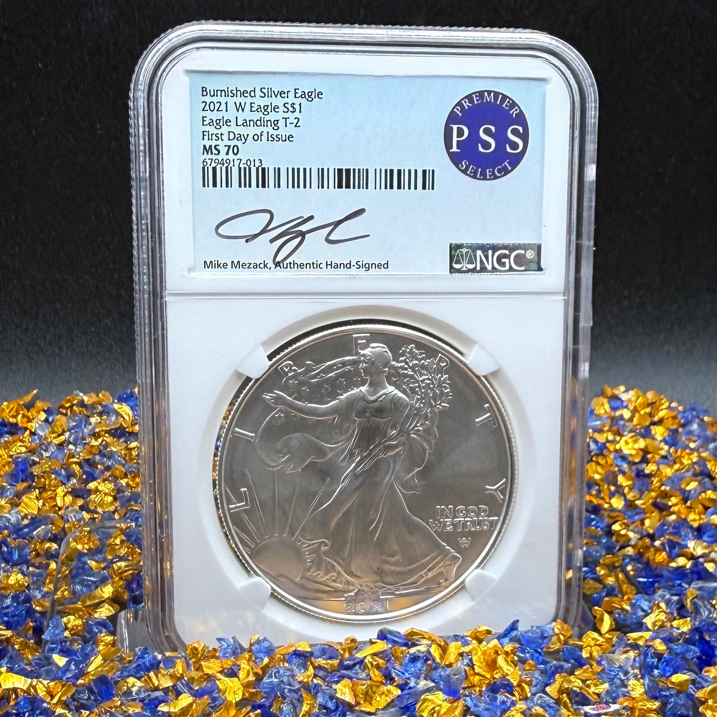 2021 Burnished $1 American Silver Eagle NGC MS70 FDOI Type 2 Mike Mezack Signed Label Mint!
