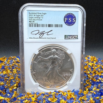 2021 Burnished $1 American Silver Eagle NGC MS70 FDOI Type 2 Mike Mezack Signed Label Mint!