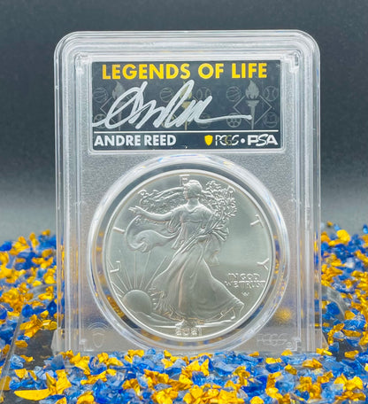 2021 T-2 $1 (W) American Silver Eagle PCGS MS70 NFL Hall of Fame Andre Reed Signed 1 of 100