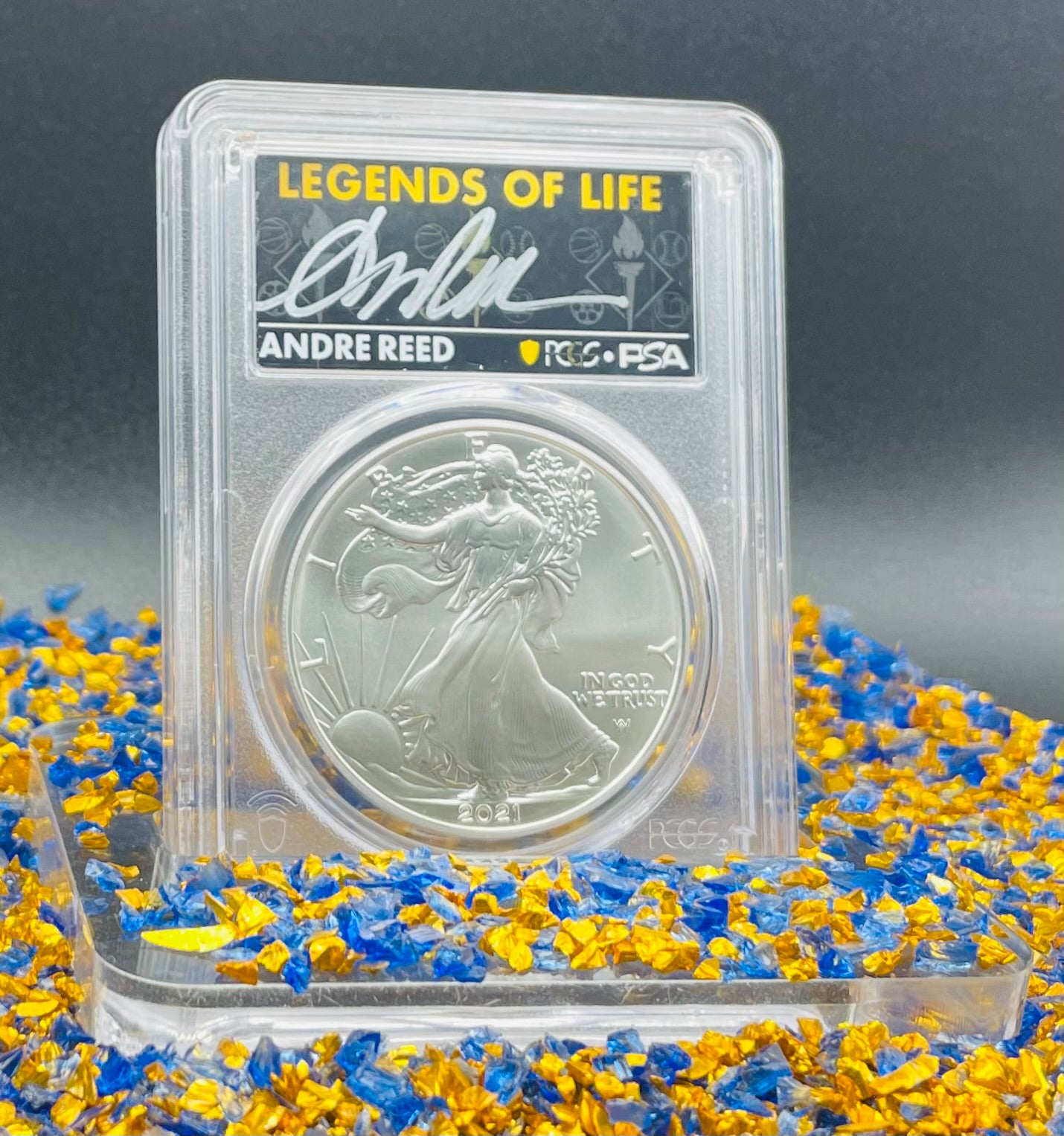 2021 T-2 $1 (W) American Silver Eagle PCGS MS70 NFL Hall of Fame Andre Reed Signed 1 of 100