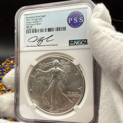 2021 Burnished $1 American Silver Eagle NGC MS70 FDOI Type 2 Mike Mezack Signed Label Mint!