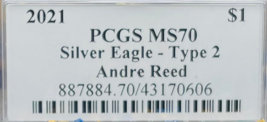 2021 T-2 $1 (W) American Silver Eagle PCGS MS70 NFL Hall of Fame Andre Reed Signed 1 of 100