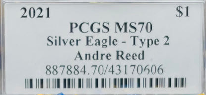 2021 T-2 $1 (W) American Silver Eagle PCGS MS70 NFL Hall of Fame Andre Reed Signed 1 of 100