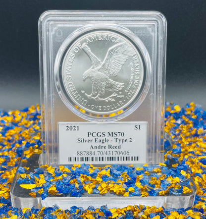2021 T-2 $1 (W) American Silver Eagle PCGS MS70 NFL Hall of Fame Andre Reed Signed 1 of 100