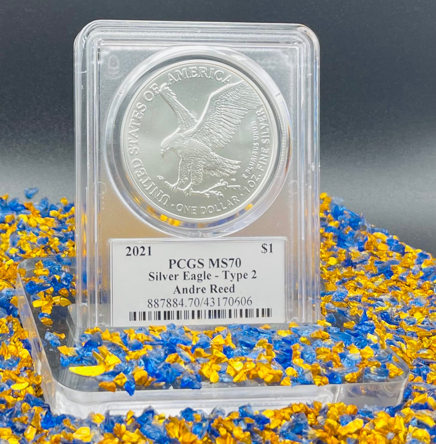 2021 T-2 $1 (W) American Silver Eagle PCGS MS70 NFL Hall of Fame Andre Reed Signed 1 of 100