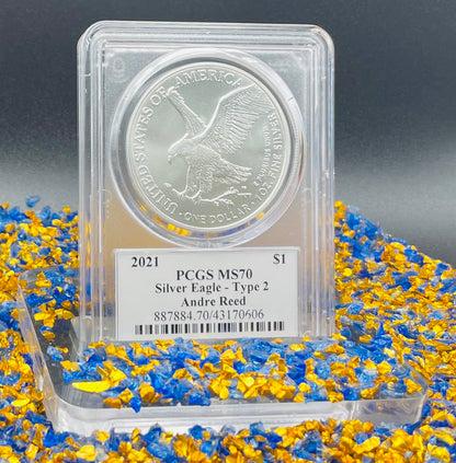 2021 T-2 $1 (W) American Silver Eagle PCGS MS70 NFL Hall of Fame Andre Reed Signed 1 of 100