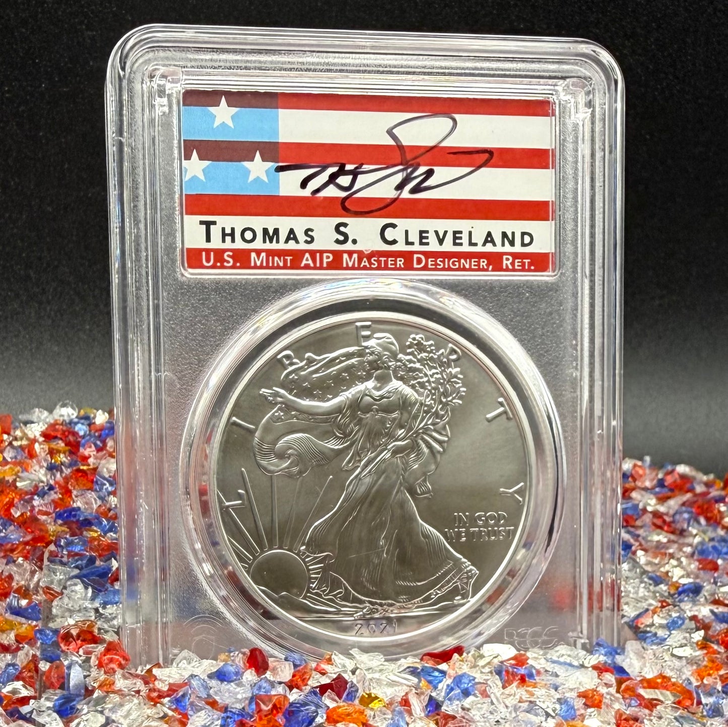 2021 (P) $1 American Silver Eagle PCGS MS70 Type 1 FDOI Emergency Production Thomas Cleveland Signed Rare American Flag Label 1 of 250 Mint