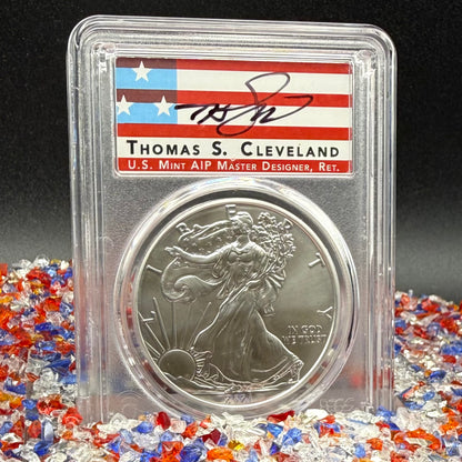 2021 (P) $1 American Silver Eagle PCGS MS70 Type 1 FDOI Emergency Production Thomas Cleveland Signed Rare American Flag Label 1 of 250 Mint