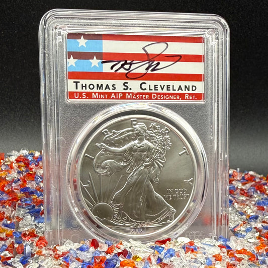 2021 (P) $1 American Silver Eagle PCGS MS70 Type 1 FDOI Emergency Production Thomas Cleveland Signed Rare American Flag Label 1 of 250 Mint