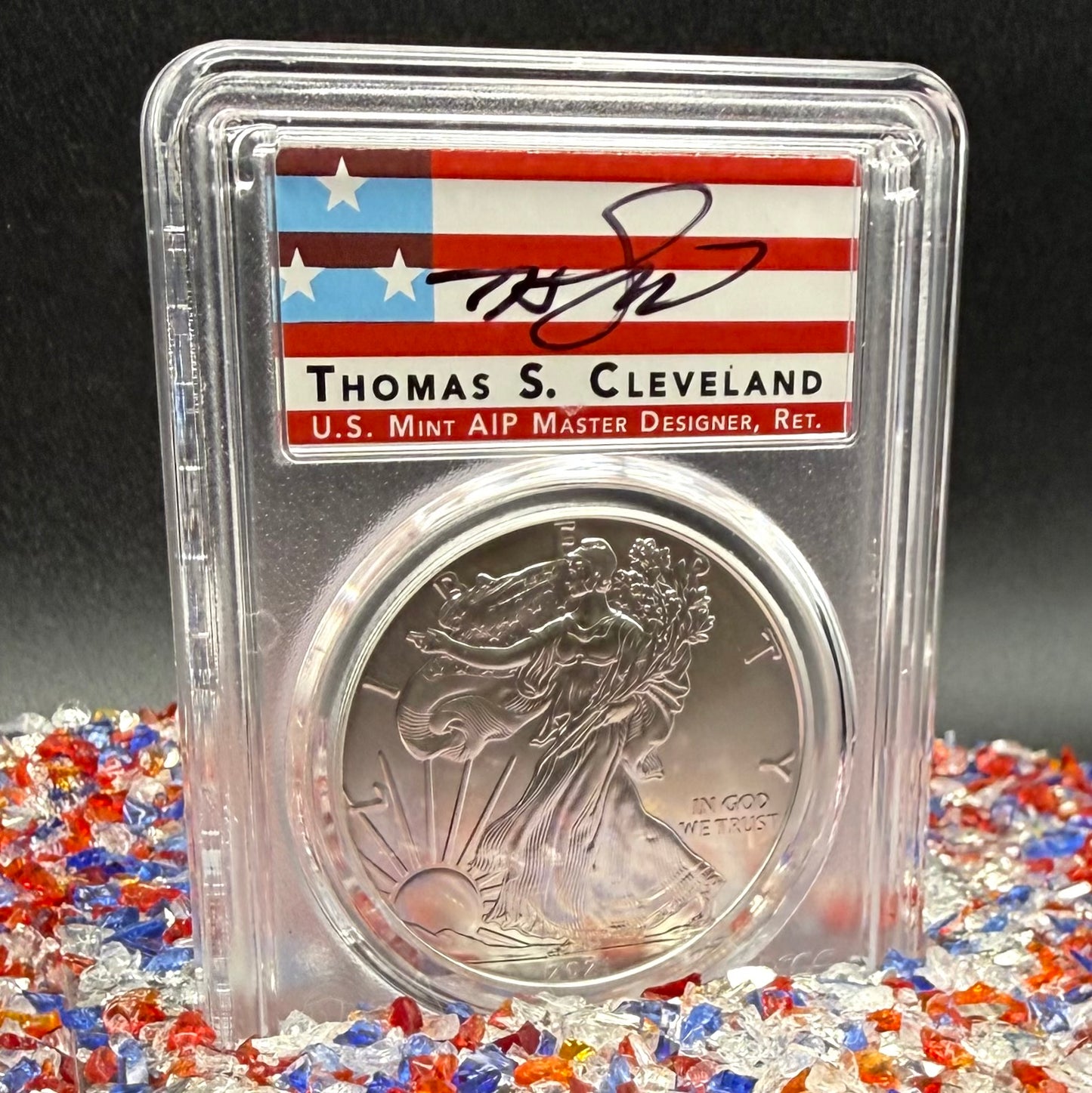 2021 (P) $1 American Silver Eagle PCGS MS70 Type 1 FDOI Emergency Production Thomas Cleveland Signed Rare American Flag Label 1 of 250 Mint