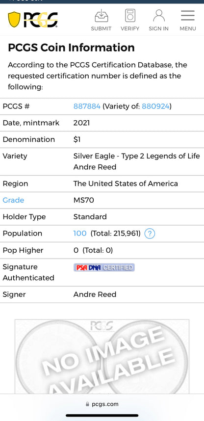 2021 T-2 $1 (W) American Silver Eagle PCGS MS70 NFL Hall of Fame Andre Reed Signed 1 of 100