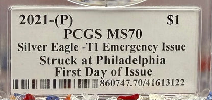 2021 (P) $1 American Silver Eagle PCGS MS70 Type 1 FDOI Emergency Production Thomas Cleveland Signed Rare American Flag Label 1 of 250 Mint