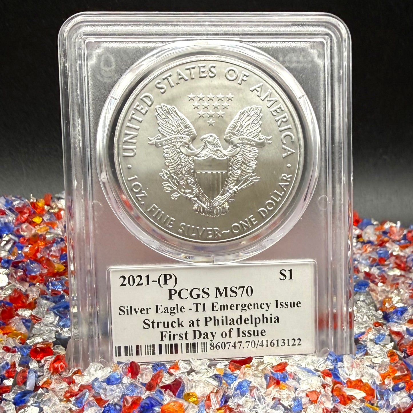 2021 (P) $1 American Silver Eagle PCGS MS70 Type 1 FDOI Emergency Production Thomas Cleveland Signed Rare American Flag Label 1 of 250 Mint