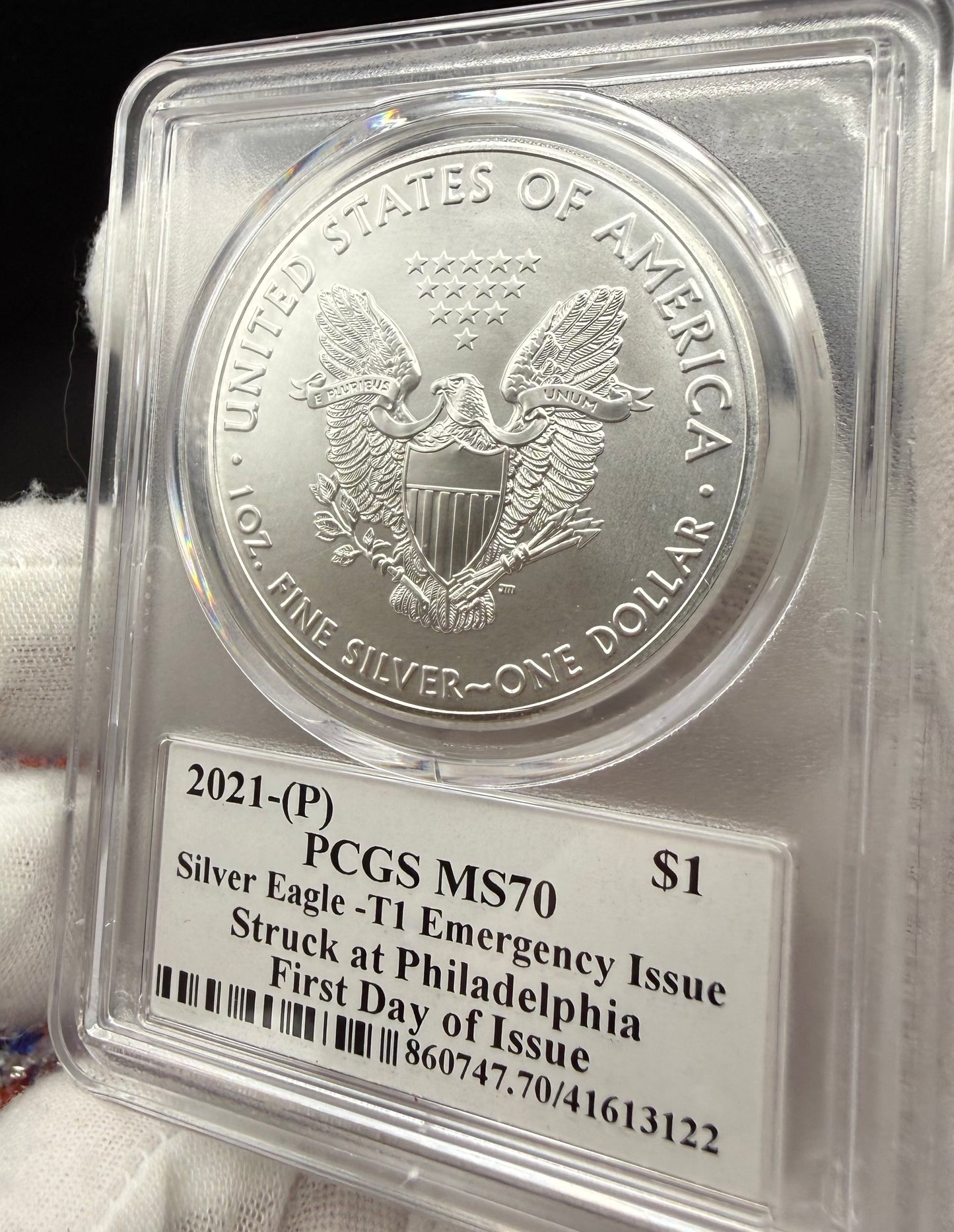 2021 (P) $1 American Silver Eagle PCGS MS70 Type 1 FDOI Emergency Production Thomas Cleveland Signed Rare American Flag Label 1 of 250 Mint