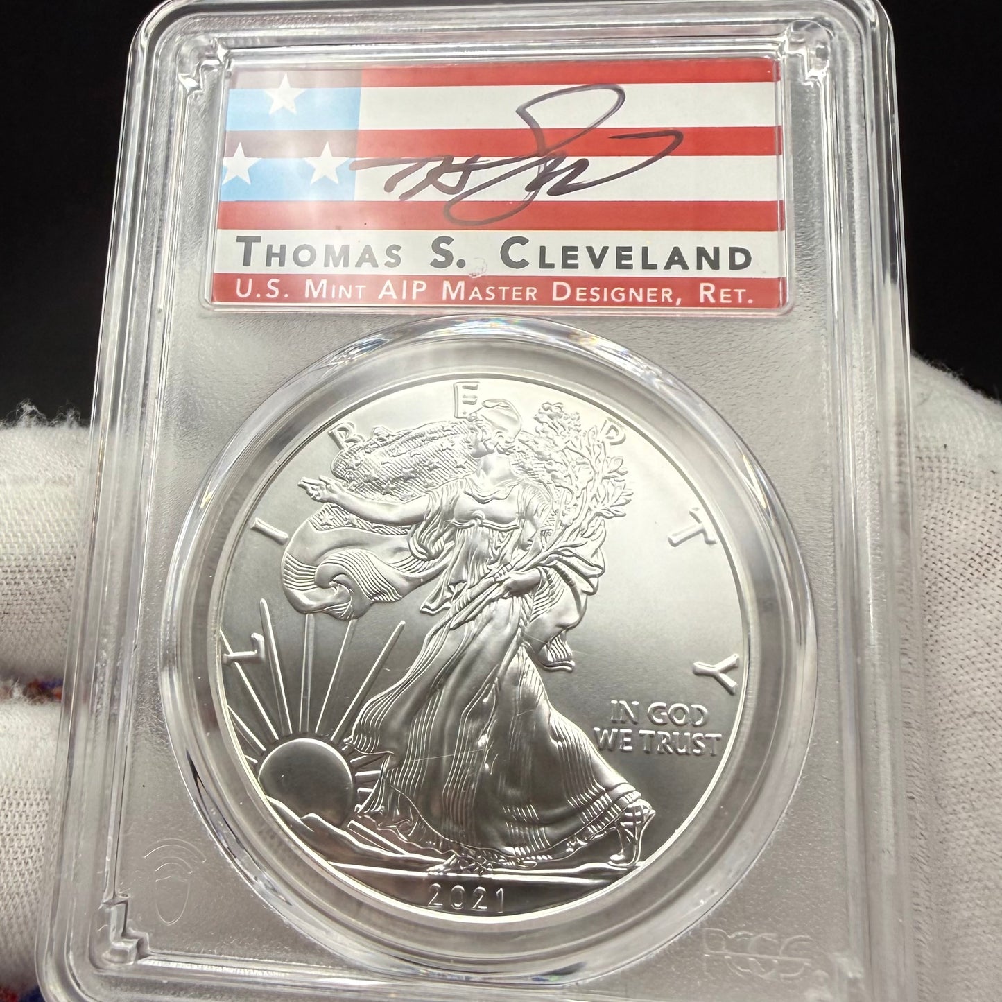2021 (P) $1 American Silver Eagle PCGS MS70 Type 1 FDOI Emergency Production Thomas Cleveland Signed Rare American Flag Label 1 of 250 Mint