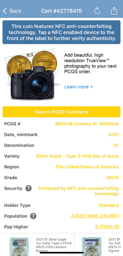 2021 $1 American Silver Eagle PCGS MS70 Type 2 Thomas Rogers Signed Label Mint Condition Rare (1 of 2500)