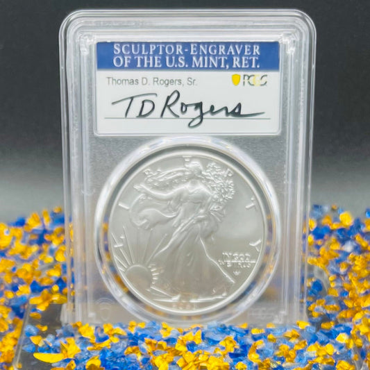 2023 $1 American Silver Eagle PCGS MS70 Thomas Rogers Signed Flag Label Mint Condition (Rare 1 of 250)