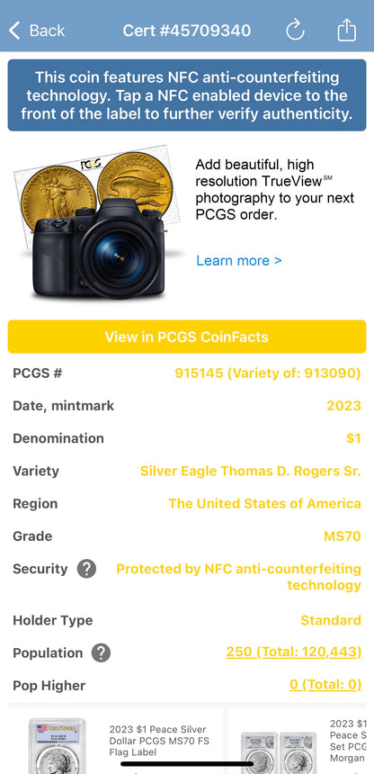 2023 $1 American Silver Eagle PCGS MS70 Thomas Rogers Signed Flag Label Mint Condition (Rare 1 of 250)