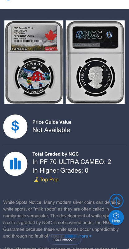 2015 $10 Canada Silver Dollar NGC PF70UC Colorized Winter Scene (1 of 2) Mint!